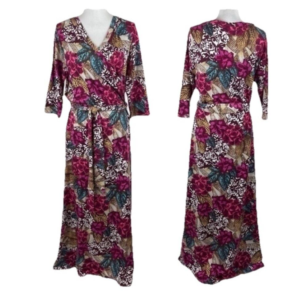 Soft Surroundings Womens Floral Multicolor Wrap Maxi Dress 1/2 Sleeve Petite S